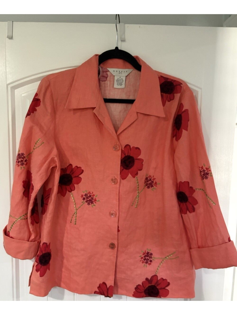 Outfit JPR Women’s Medium Coral Orange 100% Linen Floral Embroidered Shirt